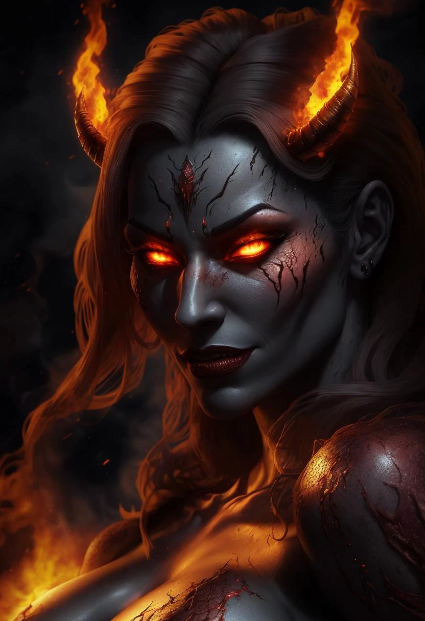 ((best quality)), ((masterpiece)), ((inked)), (1girl:1.2), wicked sexy smile, majestic intricately detailed soft oil painting by jim lee, portrait, from diablo of a horrifying naked red-skinned demon queen in fire, in hell, detailed monstrous evil face,gorgeous cursed monster she devil, sexy female demon, red scaled skin, (scale skin texture:1.2), horns everywhere, (ridged facial features:1.2), hellish burning background, billowing smoke, (backlit:1.3), crimson flames, highres, depth of field, (deep shadows:1.2), high detail, sharp focus, smooth, roughness, real life, backlit,