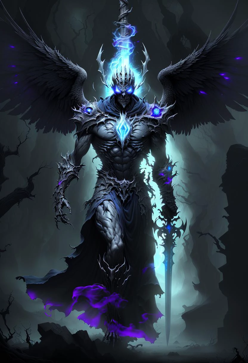 ((best quality)), ((masterpiece)), ((inked)), majestic soft oil painting by jim lee, night time, ((skeletal)), emaciated, dark twisted haunted corrupted woods, a horrid spectral male lich, (( body portrait)), evil detailed face, lich king, intricately detailed tattered robes of office, (black feathered wings:1.2), tombstones littered amongst the gnarled leafless trees, jet black bastard sword wreathed in blue spectral flame, burning halo, dark swirling smoke like malevolent energies, ((low hanging volumetric mist)), dynamic angel, black blue purple color palette,