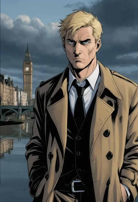 ((ultra detailed, glossy, smooth, comic style)), ((body portrait, body shot)), John Constantine walking the dreary streets of London, (old battered tattered) beige trench-coat, open white shirt, loose tie, grizzled face, (weary eyes, grim expression, harrowed look, somber:1.3), messy short blonde hair, hands in pockets, gray overcast sky, puddles, reflections,