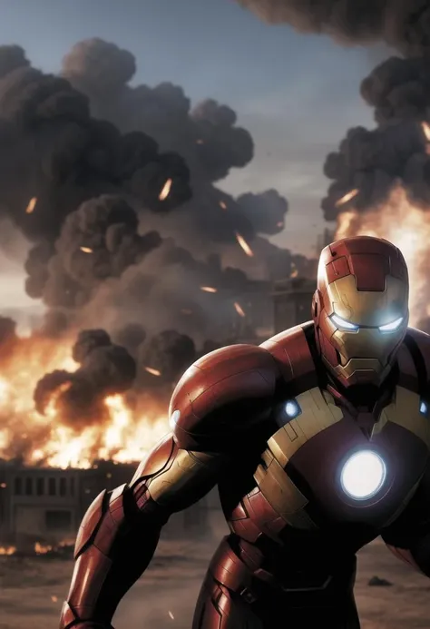 ((ultra intricate details, glossy, smooth, comic style, airbrushed)), low angle shot, Ironman in a middle-eastern battlefield, battle scared armor, scratches, scorch marks, reflections, bullet holes, burning building in the background