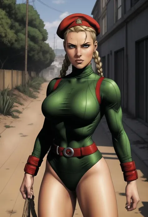((ultra intricate details, glossy, smooth, comic style, airbrushed)), ((dynamic combat stance)), ((body portrait)), (Cammy from street fighter:1.3) walking through a dense jungle, sexy muscled British blonde, (skintight dirty green one piece turtleneck swimsuit, sweaty, filthy:1.2), (covered in dirt:1.4), (waist length blonde braided pigtails:1.3), (crimson military beret, military belt:1.4), red fighting gloves, toned, muscular, lithe, intense focused eyes