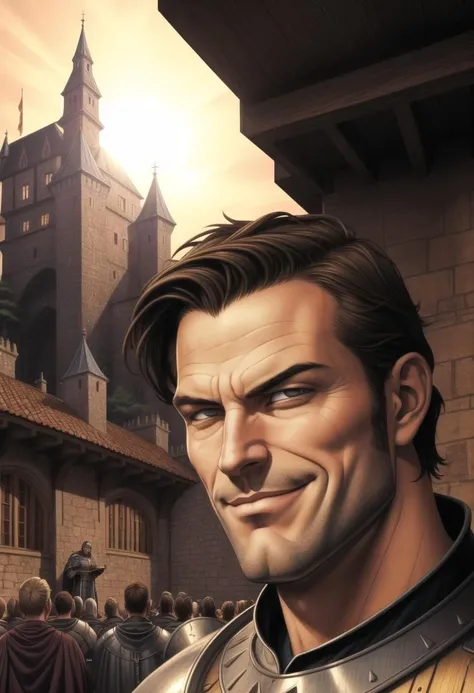 ((ultra intricate details, glossy, smooth, comic style, airbrushed)), 1man, (body portrait:1.2), a pristine handsome arrogant paladin, (intricately detailed filigreed polished steel plate armor:1.4), stubble, long blonde hair, (detailed eyes, (smug smirk:1.3):1.3), (busy castle courtyard, medieval setting, crowd of onlookers, peasantry:1.6), (sun set, warm colors:1.2), somber, (backlit:1.3), reflections