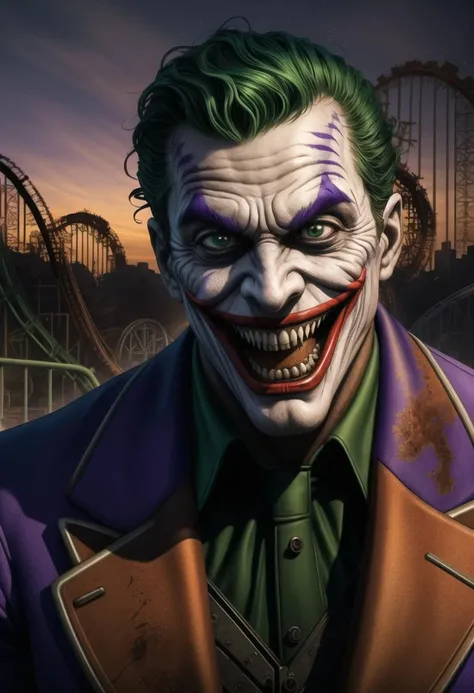 ((ultra intricate details, digital art style, airbrushed)), ((upper body portrait)), (The Joker:1.1) hysterically laughing in an abandoned amusement park at night, (hysterics, evil eyes, terrifying anger, green hair:1.1), (purple suit:1.3), (dilapidated stalls, (rust:1.1), wrecked roller coaster:1.2), (rubbish, rubble:1.1)