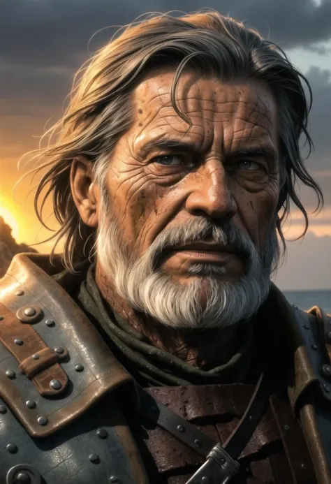 ((ultra intricate details, digital art style, airbrushed)), an old grizzled medieval viking warrior wearing leather armor, (close up portrait:), (elderly war weary grandfather, filthy, wrinkled dirty skin, grey hair, dried blood), gray bearded, (worn leather armor), (detailed weary eyes), cuts scrapes and grazes, (dramatic rain drenched landscape, ocean channel, rocky cliffs), (sun set, warm colors:1.2), somber, (backlit),