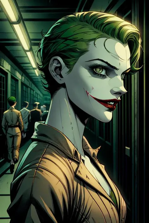 <lora:Jokerette-10:1> masterpiece, best quality, (detailed beautiful face, detail skin texture, ultra-detailed body:1.1), portrait of Jokerette, female Joker, green hair:1.3, short hair, green short hair, green eyes:1.2, in an arkhamsuit:1.6, tan clothing, baggy jumpsuit, walking in a hallway in Arkham Asylum. American Comic book style, DC Comics, intricate background, atmospheric scene, feminine+, shiny wet skin, pale white albino skin::1.5, wide evil smile::1.1, looking at viewer, modelshoot style, photo of beautiful artwork, High Detail, Sharp focus, dramatic+, Intricate, beautiful, otherworldly, mysterious, highly detailed, loose clothing