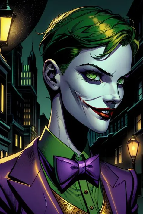 <lora:Jokerette-10:1> masterpiece, best quality, (detailed beautiful face, detail skin texture, ultra-detailed body:1.1), portrait of Jokerette, female Joker, green hair:1.3, short hair, green short hair, green eyes:1.2, in a jokersuit:1.3, purple suit jacket, purple bow tie, gold vest, green shirt, walking on a street in Gotham City. American Comic book style, DC Comics, Gotham city, night scene, intricate background, atmospheric scene, feminine+, shiny wet skin, pale white albino skin::1.5, wide evil smile::1.1, looking at viewer, modelshoot style, photo of beautiful artwork, High Detail, Sharp focus, dramatic+, Intricate, beautiful, otherworldly, mysterious, highly detailed