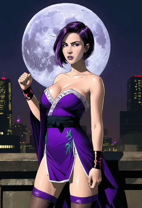 ((ultra detailed, glossy, smooth, comic style)), ((karate stance, martial arts, fighting pose)), ((highest quality, body portrait)), 22 year old 1girl, Ayane from DOA, standing on a city rooftop in Tokyo at night, (voluptuous, big breasts:1.2), toned body, (lean fitness body:1.2), sweaty, (pink choppy bob hair cut:1.5), (beautifully detailed (rich purple:1.4) snug tube dress low cut strapless embroidered kimono dress short tulle skirt, purple stockings:1.3), purple knee boots, (arm guards, fighting gloves, (karate head band:1.1), dramatic clouds, glittering lights, obscured moon, (Michelle Yeoh:0.6)|Gemma Chan|(emma watson:0.7)