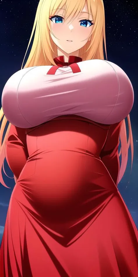 <lora:LalatinaV1:0.7> lalatinadustinessford, huge_breasts, standing, solo, red_dress, starry_sky,, masterpiece, best quality, detailed face, detailed eyes, highres,