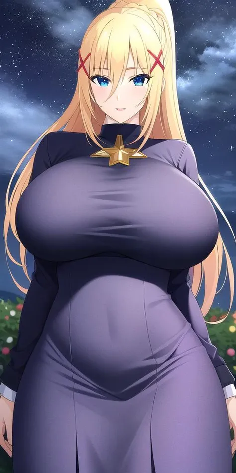 <lora:LalatinaV1:0.7> lalatinadustinessford, huge_breasts, standing, solo, sweater, starry_sky,, masterpiece, best quality, detailed face, detailed eyes, highres,