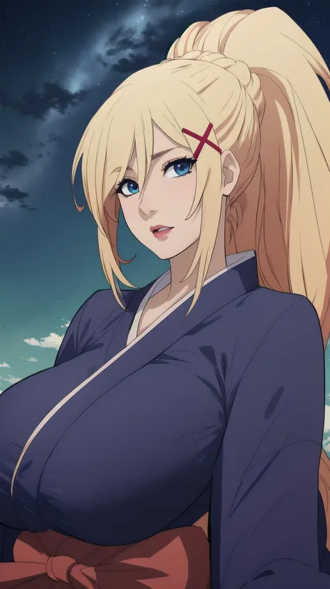 Rangiku, Night, cleavage, , Deep gray eyes, Moon, Black kimono, Stars, Big breasts, From below, Blonde hair, Smile、On the futon in the Japanese-style room、Straddling a man、With a slouch、Little Devil Face