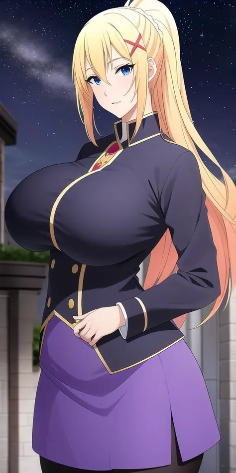 <lora:LalatinaV1:0.7> lalatinadustinessford, huge_breasts, standing, solo, skirt_suit, starry_sky,, masterpiece, best quality, detailed face, detailed eyes, highres,