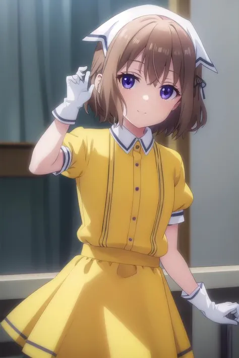 mafuyuhoshikawa, <lora:mafuyu hoshikawa s1-lora-nochekaiser:1>,
mafuyu hoshikawa, short hair, bangs, brown hair, ribbon, (purple eyes:1.1), hair ribbon, black ribbon, smile,
BREAK skirt, shirt, thighhighs, gloves, short sleeves, pleated skirt, puffy sleeves, white gloves, apron, white thighhighs, puffy short sleeves, zettai ryouiki, waist apron, white apron, waitress, (yellow skirt:1.2), (yellow shirt:1.2), head scarf,
BREAK indoors, restaurant,
BREAK looking at viewer, (cowboy shot:1.5),
BREAK <lyco:GoodHands-beta2:1>, (masterpiece:1.2), best quality, high resolution, unity 8k wallpaper, (illustration:0.8), (beautiful detailed eyes:1.6), extremely detailed face, perfect lighting, extremely detailed CG, (perfect hands, perfect anatomy),