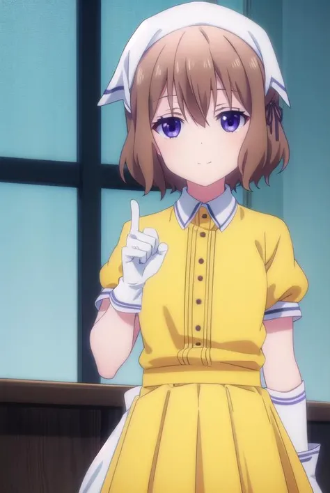 mafuyuhoshikawa, <lora:mafuyu hoshikawa s1-lora-nochekaiser:1>,
mafuyu hoshikawa, short hair, bangs, brown hair, ribbon, (purple eyes:1.1), hair ribbon, black ribbon, smile,
BREAK skirt, shirt, thighhighs, gloves, short sleeves, pleated skirt, puffy sleeves, white gloves, apron, white thighhighs, puffy short sleeves, zettai ryouiki, waist apron, white apron, waitress, (yellow skirt:1.2), (yellow shirt:1.2), head scarf,
BREAK indoors, restaurant,
BREAK looking at viewer, (cowboy shot:1.5),
BREAK <lyco:GoodHands-beta2:1>, (masterpiece:1.2), best quality, high resolution, unity 8k wallpaper, (illustration:0.8), (beautiful detailed eyes:1.6), extremely detailed face, perfect lighting, extremely detailed CG, (perfect hands, perfect anatomy),