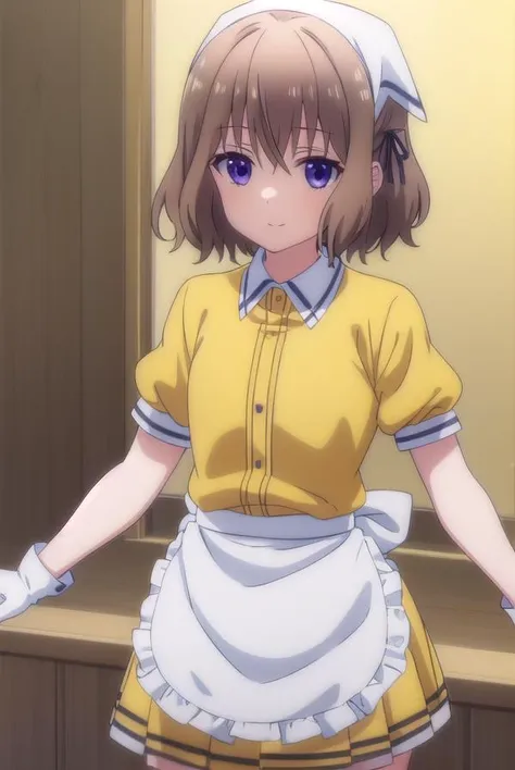 (yellow shirt, yellow skirt:1.2), highest quality,High resolution,perfect eyes,1 girl, alone, Mafuyu Hoshikawa, maid, maid headdress, waist apron, , short sleeve, white gloves, :d,((cum in pussy)),(((bottomless))),(orgasm),,(pussy),(Cafe),(((topless))),nsfw,((bare breasts)),flat chest,((cum on chest)),be confused