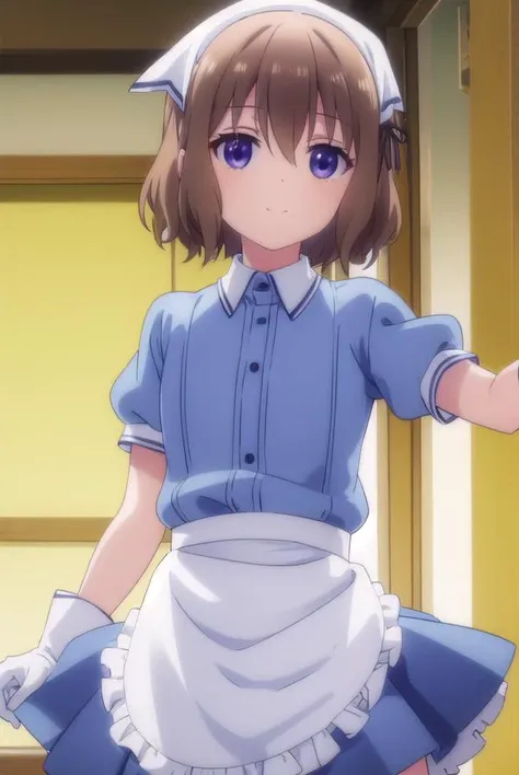 mafuyuhoshikawa, <lora:mafuyu hoshikawa s1-lora-nochekaiser:1>,
mafuyu hoshikawa, short hair, bangs, brown hair, ribbon, (purple eyes:1.1), hair ribbon, black ribbon, smile,
BREAK skirt, shirt, thighhighs, gloves, short sleeves, pleated skirt, puffy sleeves, white gloves, apron, white thighhighs, puffy short sleeves, zettai ryouiki, waist apron, white apron, waitress, yellow skirt, head scarf,
BREAK indoors, restaurant,
BREAK looking at viewer, (cowboy shot:1.5),
BREAK <lyco:GoodHands-beta2:1>, (masterpiece:1.2), best quality, high resolution, unity 8k wallpaper, (illustration:0.8), (beautiful detailed eyes:1.6), extremely detailed face, perfect lighting, extremely detailed CG, (perfect hands, perfect anatomy),
