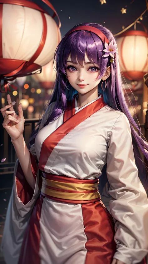 (masterpiece, best quality, beautiful, aesthetic, perfect, intricate, delicate, ultra detailed:1.2), vivid colors, colorful, bloom, athena97, happy, smile, looking at viewer, 1girl, solo, purple eyes, purple hair, long hair, white earrings, red hairband, star hair ornament, (curvy:1.1), large breasts, pink kimono, flower patterns, spring festival, sakura, evening, paper lanterns, lights