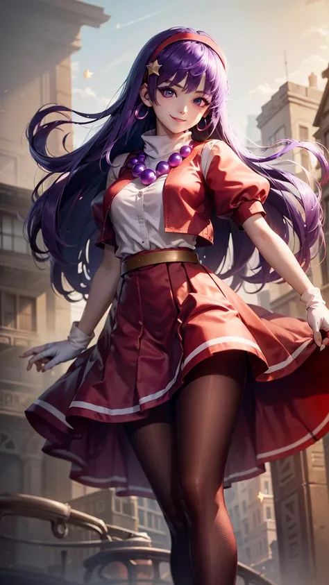 (masterpiece, best quality, beautiful, aesthetic, perfect, intricate, delicate, ultra detailed:1.2), vivid colors, colorful, bloom, athena97, happy, smile, looking at viewer, 1girl, solo, purple eyes, purple hair, long hair, white earrings, red hairband, star hair ornament, (curvy:1.1), large breasts, red vest, white turtleneck, white puffy sleeves, short sleeves, red pleated skirt, (deep red pantyhose:1.2), black pantyhose, yellow belt, purple sphere shape necklace, red fingerless gloves, white short socks, red shoes,