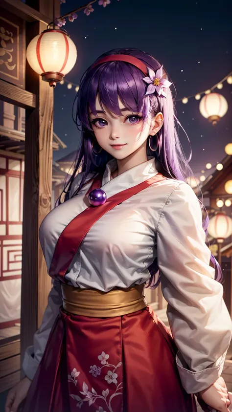 (masterpiece, best quality, beautiful, aesthetic, perfect, intricate, delicate, ultra detailed:1.2), vivid colors, colorful, bloom, athena97, happy, smile, looking at viewer, 1girl, solo, purple eyes, purple hair, long hair, white earrings, red hairband, star hair ornament, (curvy:1.1), large breasts, pink kimono, flower patterns, spring festival, sakura, evening, paper lanterns, lights