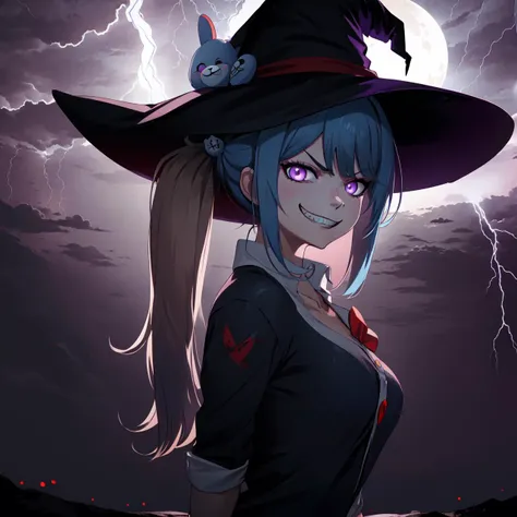 looking at viewer, (evil grin:1.2), from side, angry, [<lora:junko:0.8> junko enoshima, blonde long hair, twintails:<lora:JINX-V2:0.8> blue_hair, long_hair], large breasts,  makeup, bangs, (purple eyes:1.2), (glow eyes:1.2),  bear hair ornament, red bow, black shirt, collarbone,  tight shirt, (thunderstorm:1.4), red bow, (witch, witch hat:1.2), (moon:1.1), (night:1.2), (absurdres, ultra-detailed:1.2)