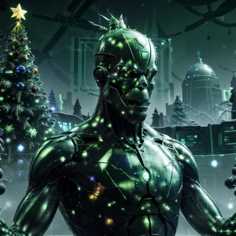 <lora:aioverlord:1> aioverlord, green, christmas, holographic, dystopia,