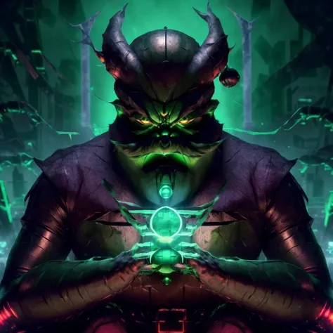<lora:aioverlord:1> aioverlord, an evil (green santa costume), glowing green eyes, sitting on a 9throne made from code), machines, dystopian christmas, presents on fire in the background, broken holographic christmas tree,