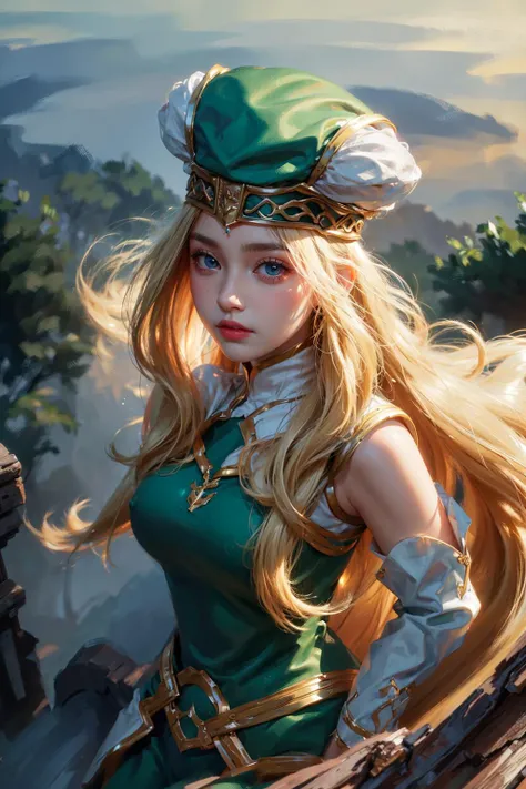 (8k, RAW photo, best quality, masterpiece:1.1), High detail RAW color photo,
,(ultra-detailed long blonde hair, many detailed tangle hair streak:1.2)
,(looking at viewer:1.2),dynamic angle
, <lora:ValkyrieProfile_Freya:0.9>FreyaVP, hat, bare shoulders, dress, detached sleeves, green footwear, jewelry
,(huge breasts:1.2)
,(o_face_eyes,crying)
,(curtsey:1.2)
,(face focus,from above:1.2)
,(Castle Above the Clouds background:1.2)