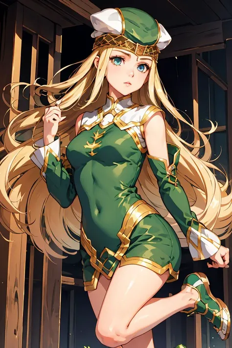 (masterpiece, best quality), 1girl, <lora:ValkyrieProfile_Freya:1> FreyaVP, hat, bare shoulders, dress, detached sleeves, green footwear, jewelry