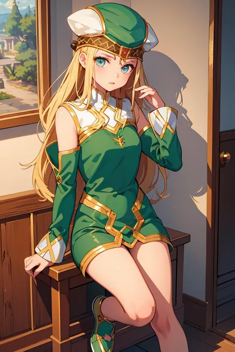 (masterpiece, best quality), 1girl, <lora:ValkyrieProfile_Freya:1> FreyaVP, hat, bare shoulders, dress, detached sleeves, green footwear, jewelry