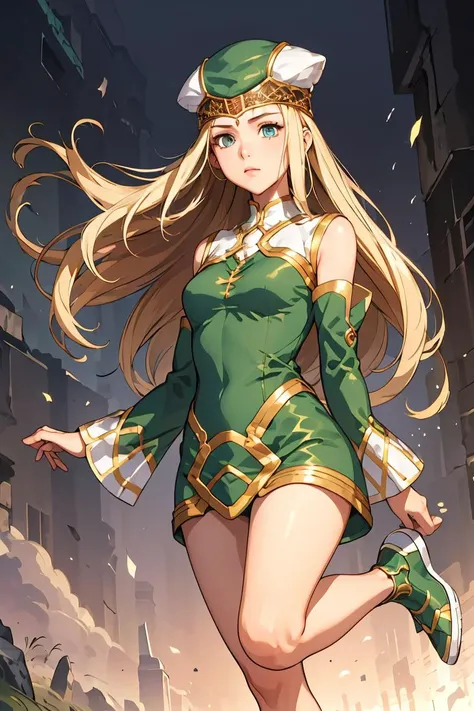 (masterpiece, best quality), 1girl, <lora:ValkyrieProfile_Freya:1> FreyaVP, hat, bare shoulders, dress, detached sleeves, green footwear, jewelry