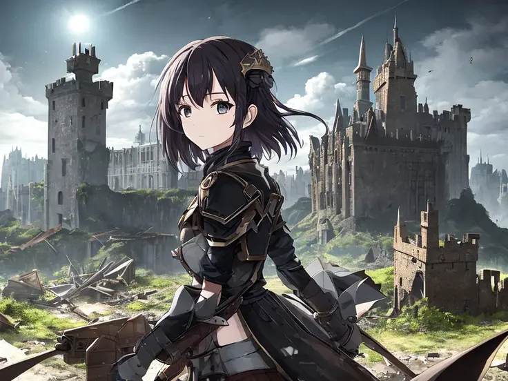 (masterpiece,newest,exceptional:1.2), anime,1girl, looking at viewer, beautiful 8k eyes,depicts a world that has been ravaged by magic, Please use the image generation AI to create an image that is dark and foreboding, and includes elements such as ruined castles, abandoned cities, or other signs of devastation, The image should have a high resolution, so that it can be used as a desktop background