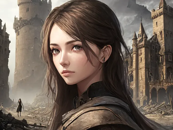 (masterpiece,newest,exceptional:1.2), realistic,1girl, looking at viewer, beautiful face, beautiful 8k eyes,depicts a world that has been ravaged by magic, Please use the image generation AI to create an image that is dark and foreboding, and includes elements such as ruined castles, abandoned cities, or other signs of devastation, The image should have a high resolution, so that it can be used as a desktop background