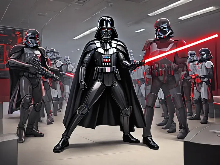 masterpiece, best quality, realistic, Darth Vader in a battle station, holding a red light saber, BREAK vector art, pop art, 2D, deformation