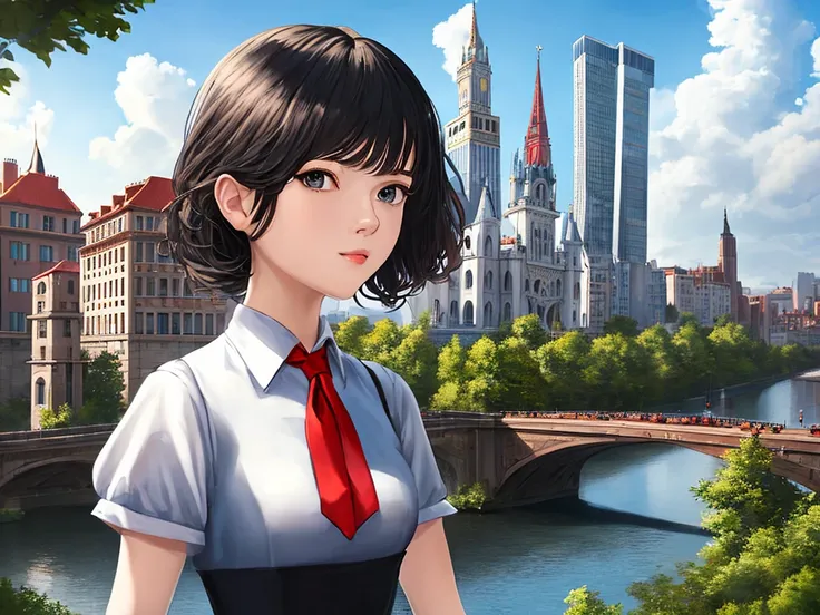 (masterpiece,newest,exceptional:1.2), realistic,1girl,bangs,black_hair, beautiful 8k eyes,blue_sky,bridge,building,castle,city,cityscape,cloud,day,dress,looking_at_viewer,outdoors,red_neckwear,red_ribbon,ribbon,river,short_hair,short_sleeves,sky,skyscraper,solo,standing,town,water