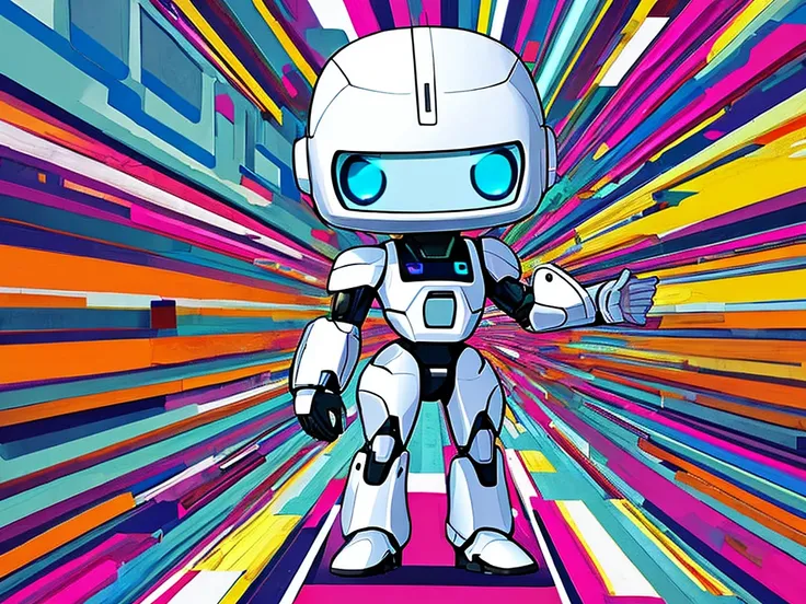 masterpiece, best quality, a futuristic white chibi robot BREAK with blue eyes working at a factory, BREAK vector art, pop art, 2D, deformation