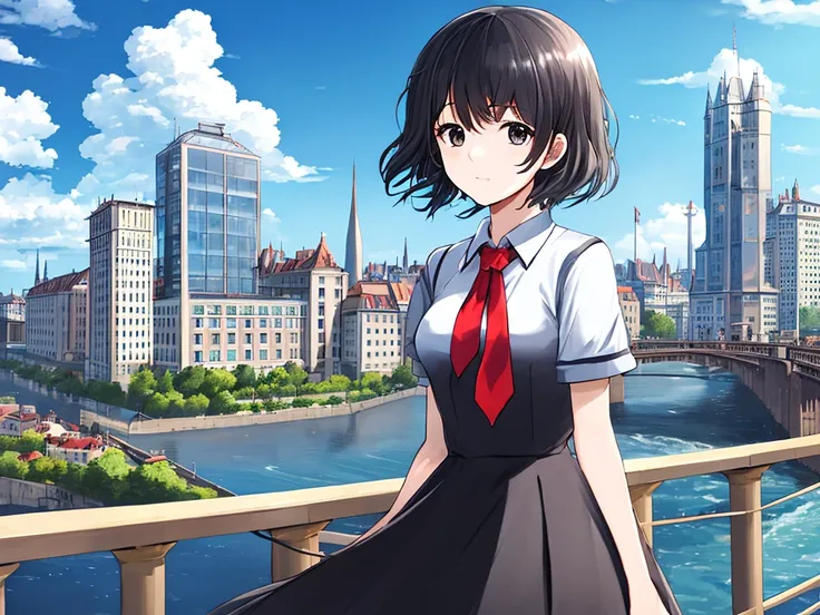 (masterpiece,newest,exceptional:1.2), anime,1girl,bangs,black_hair, beautiful 8k eyes,blue_sky,bridge,building,castle,city,cityscape,cloud,day,dress,looking_at_viewer,outdoors,red_neckwear,red_ribbon,ribbon,river,short_hair,short_sleeves,sky,skyscraper,solo,standing,town,water