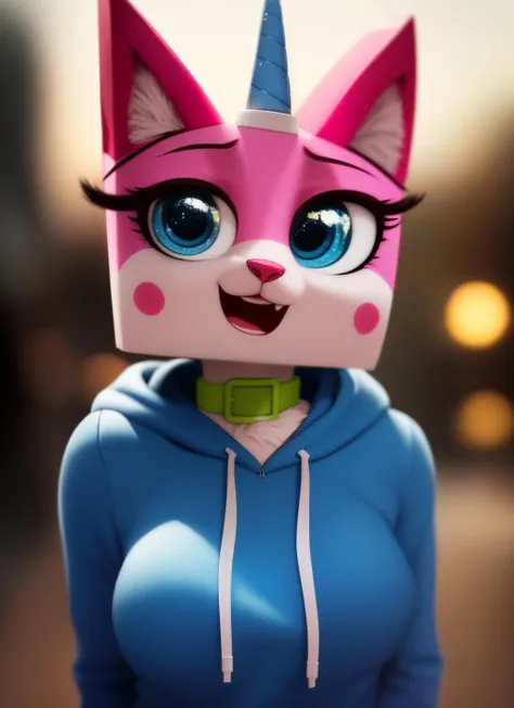 unikitty, furry female anthro, unicorn girl, portrait, close-up, green choker, (block head:1.1), (blue hoodie:1.2),  fur trim, solo, (body fur:1.2), (best quality), (detailed urban background:1.2), dramatic lighting, (detailed fluffy fur:1.1), open mouth, looking at viewer,  medium breasts, <lora:unikitty-v1:1>