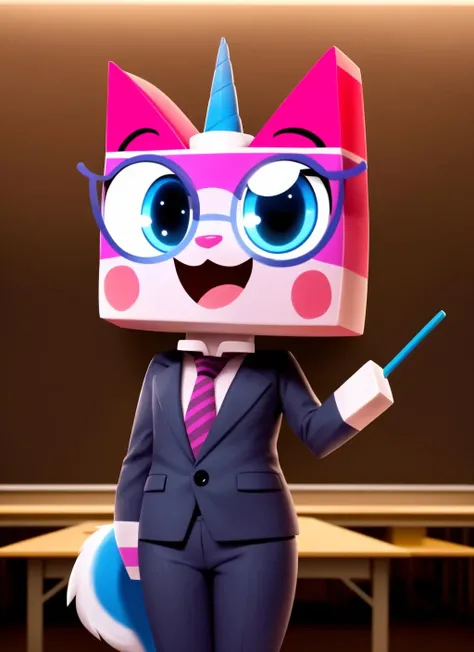 unikitty, biznis kitty, furry female anthro, (block head, block body:1.2), unicorn girl, holding pointer, portrait, standing, conference table, glasses, necktie, business suit, business skirt, solo, (body fur:1.2), (best quality), (detailed board room background:1.2), dramatic lighting, (detailed fluffy fur:1.1), smile, looking at viewer, open mouth, animal ears, <lora:unikitty-v1:1>