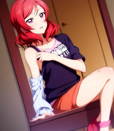 nishikino_maki,  <lora:maki_v1:0.8>, 1girl, solo, anastasia (idolmaster), idolmaster cinderella girls, purple eyes, shorts, short hair,  red hair, cuff, (Beatrice); beautiful red eyes