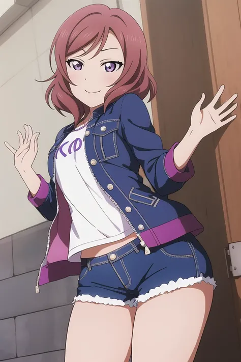 nishikino_maki,  <lora:maki_v1:0.8>,  masterpiece, best quality, highres, 1girl, solo, anastasia (idolmaster), idolmaster cinderella girls, purple eyes, shorts, short hair,  red hair, jacket, shirt, short shorts, cowboy shot, denim jacket, smile, upper_body,