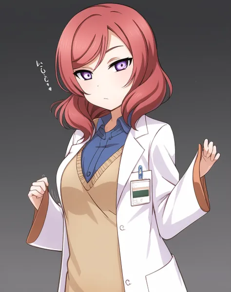 nishikino_maki, (extremely detailed CG unity 8k wallpaper),(masterpiece), (best quality), (ultra-detailed), (best illustration),(best shadow), (sharp eyeliner, eyeshadow, detailed eyes:1.1),
,BREAK, cowboy shot, 1girl, lab coat,
<lora:maki_v1:0.8>