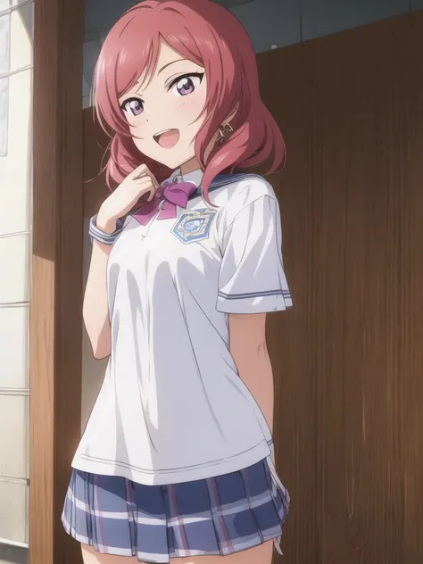 nishikino_maki, <lora:maki_v1:0.8>, 1girl, solo, anastasia (idolmaster), idolmaster cinderella girls, purple eyes, shorts, short hair, red hair, cuff, (Beatrice); beautiful red eyes,
(illustration:1.1),(best quality),(masterpiece:1.1),(beautiful and clear background:1.25),(extremely detailed CG unity 8k wallpaper:1.1), (colorful:0.9),(depth of field:0.75),( ink splashing:0.95),(color splashing:0.85),(watercolor:0.65),
(cowboy shot:1.4),blue (school uniform:1.4), :d, dress, earrings,looking_at_viewer, neck_ribbon, smile,
classroom, indoor, sunny, detailed blue sky,