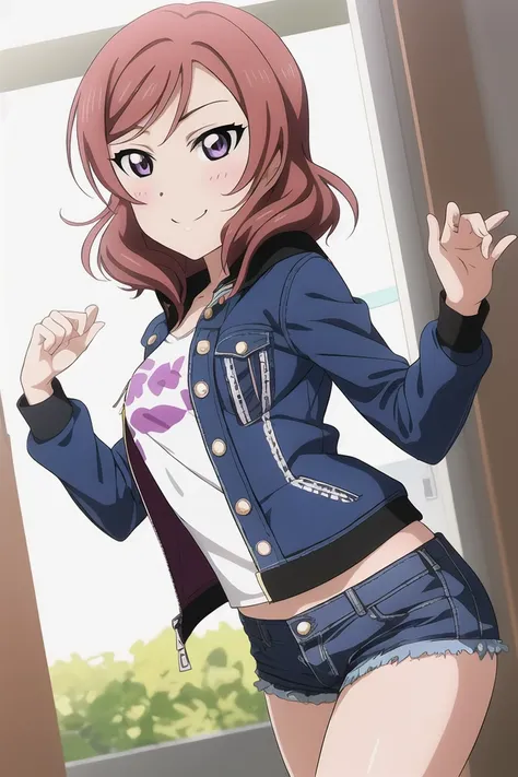 nishikino_maki, <lora:maki_v1:0.8>, masterpiece, best quality, highres, 1girl, solo, anastasia (idolmaster), idolmaster cinderella girls, purple eyes, shorts, short hair, red hair, jacket, shirt, short shorts, cowboy shot, denim jacket, smile, upper_body,