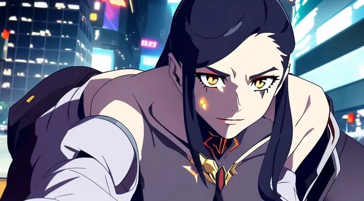 ((woman with black long hair)), cyberpunk city background, mecha details, (face plate), intricate details<hypernet:EdgerunnerV3.5:1.0>