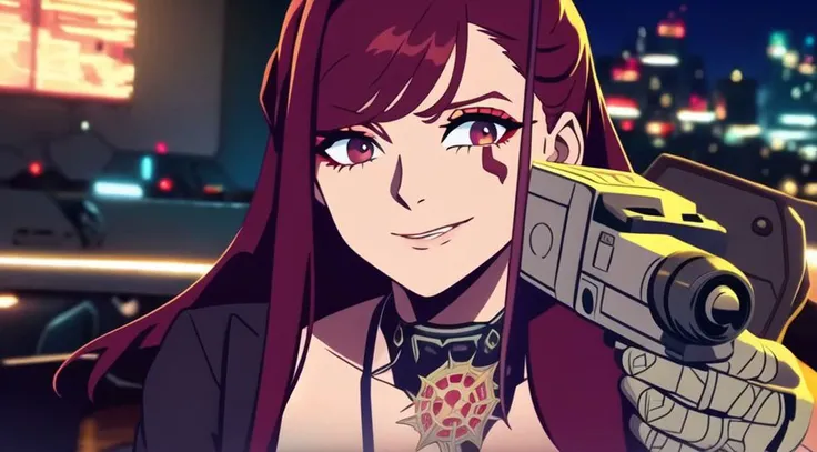 woman holding a cyberpunk gun, ((intricate details))<hypernet:EdgerunnerV3.5:1.0>
