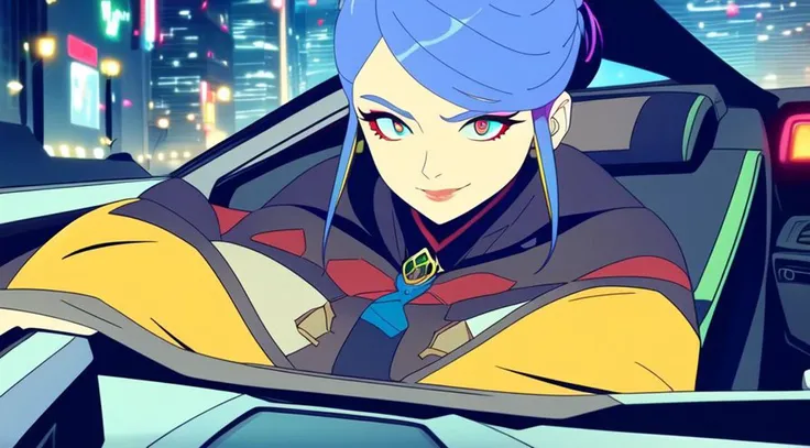 woman driving in a cyberpunk car ((intricate details))<hypernet:EdgerunnerV3.5:1.0>