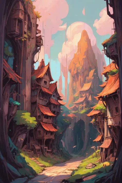 anime style digital painting, <lora:EnvyLightPastelXL01:.8> dilapidated,vertical fantasy village in a Experimental Terraformed Pockets