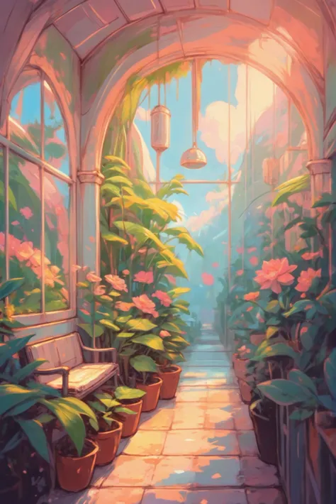 anime style digital painting, <lora:EnvyLightPastelXL01:.8> noon, scenery, in a Artificial Greenhouse Zone