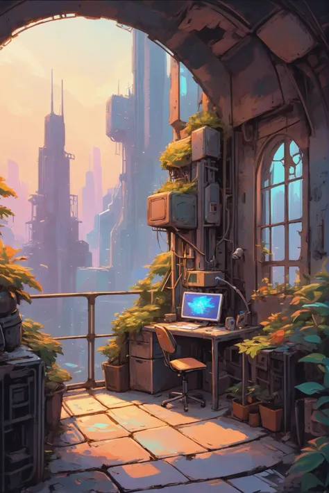 anime style digital painting, <lora:EnvyLightPastelXL01:.8> Robotics Workshop \(room\) in a Rooftop garden in a dilapidated,whimsical scifi megastructure outside of reality, masterpiece, by Mathias Zamęcki