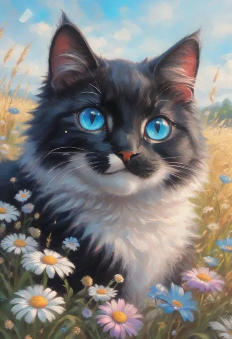 bokeh light, warm light, sparks, oil painting glowing light, sparkles, cat focus, (((close up))), 
glowing furr, anime cat, glowing eyes, anime visual of a cute cat, a black cat laying in a field of flowers, anime keyframe, has two adorable blue eyes, full of glass. cgsociety, cat face, art for the film in color, sparkling bird eyes, with colorful flowers and plants, 
detailed painting, photorealistic painting, detailed drawing, gothic art, color field, aestheticism, furry art, computer art, featured on pixiv, trending on pixiv, realistic