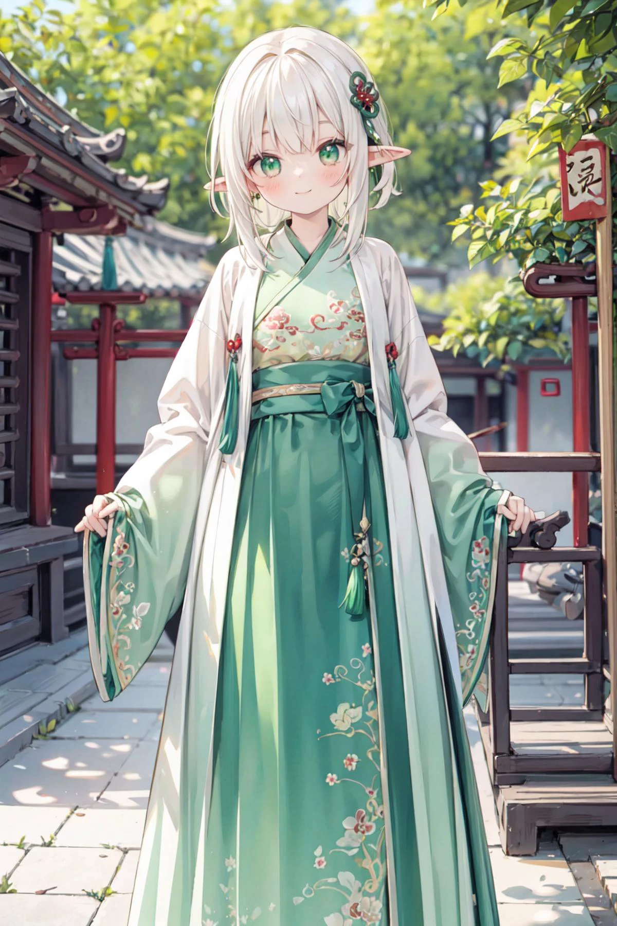 best quality,highly detailed,ultra-detailed,masterpiece,hanfu,8k wallpaper,(chimeraz:1.4),
1girl,solo,long hair,white hair,(hanfu:1.5),green eyes,outdoors,looking at viewer,long sleeves,red chinese clothes,bangs,red dress,ribbon,wide sleeves,tree,standing,closed mouth,robe,jewelry,hair ornament,red ribbon,sleeves past wrists,tassel,day,Chinese courtyard,smile,hand on own belly,han style,
elf,pointy ears,gradient white hair,(green inner hair:1.2),<lora:Song_HanFu:0.55>,